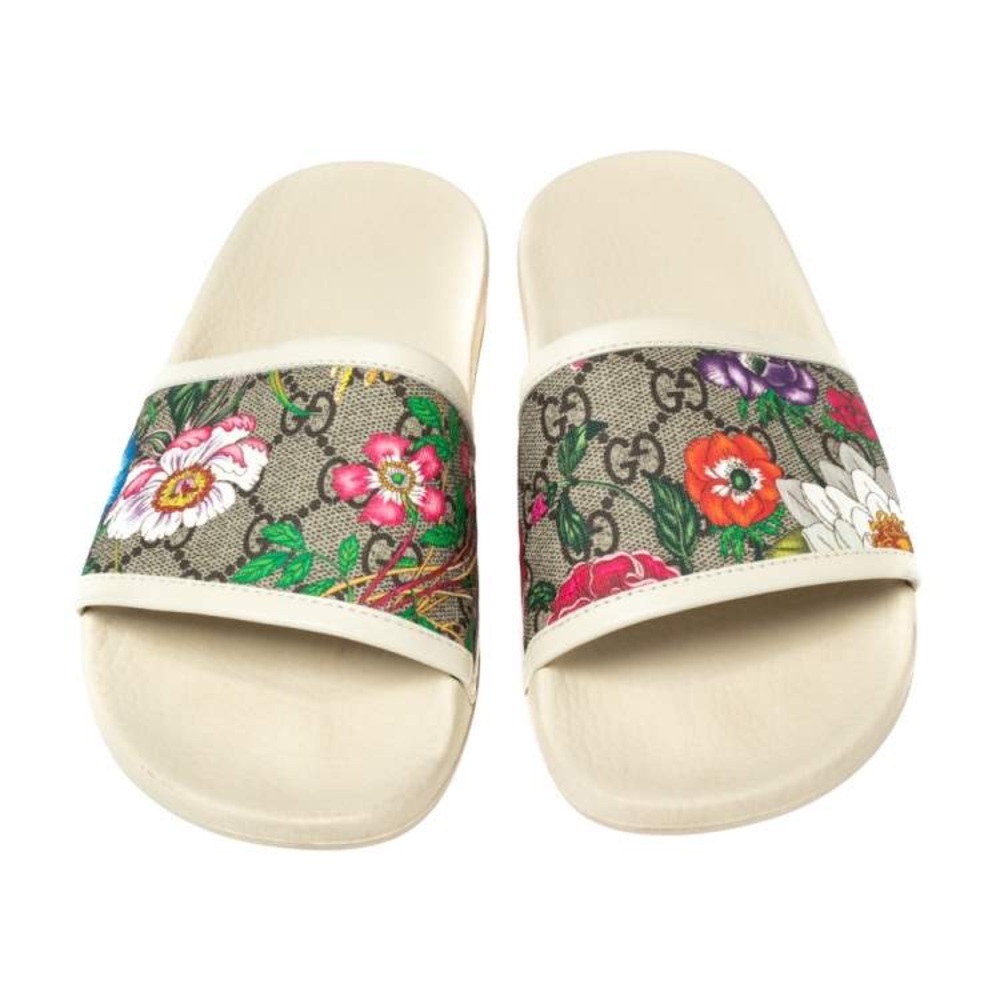 Gucci Beige/Brown GG Supreme Canvas Blooms Flat Slides Size 36